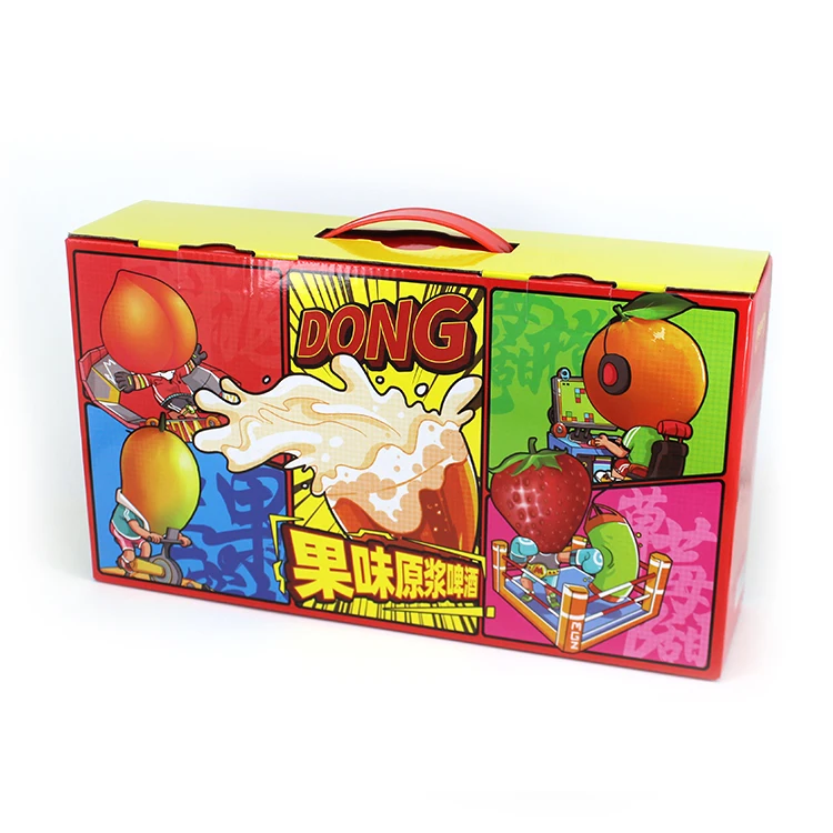 Customized Low MOQ Colorful Painting Pattern Carton Beer Carrier Paper Box Plastic Handle Packaging Cardboard Boxes