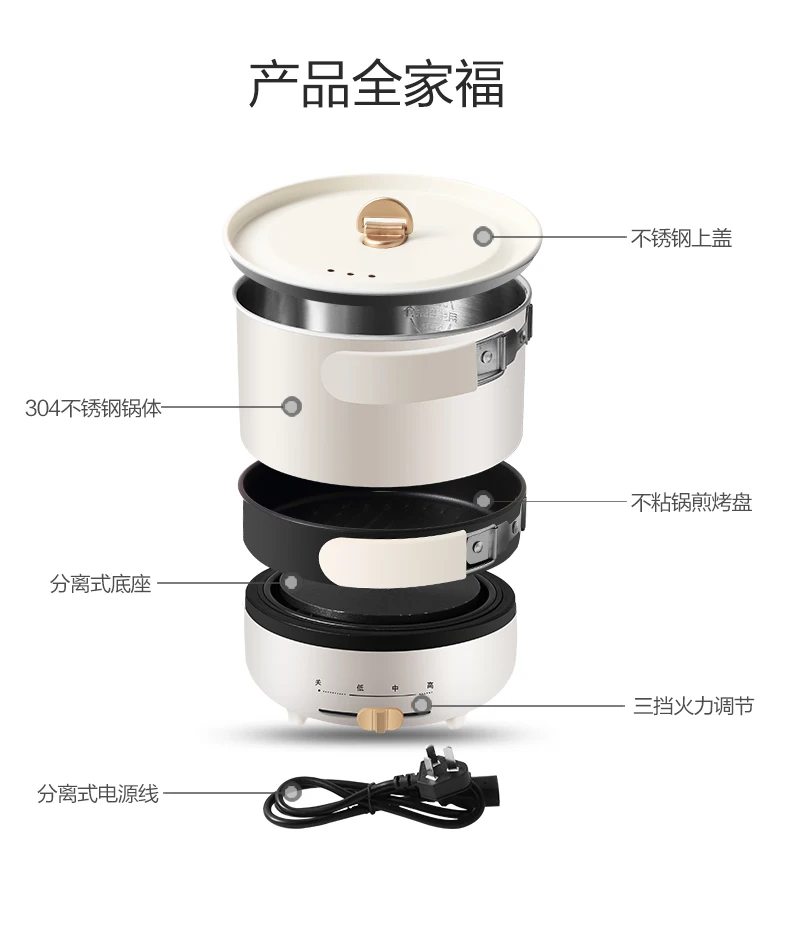 110V/220V 1.5L SUS304 fashion polish finished pot food grade PP plastic electric travel cooker
