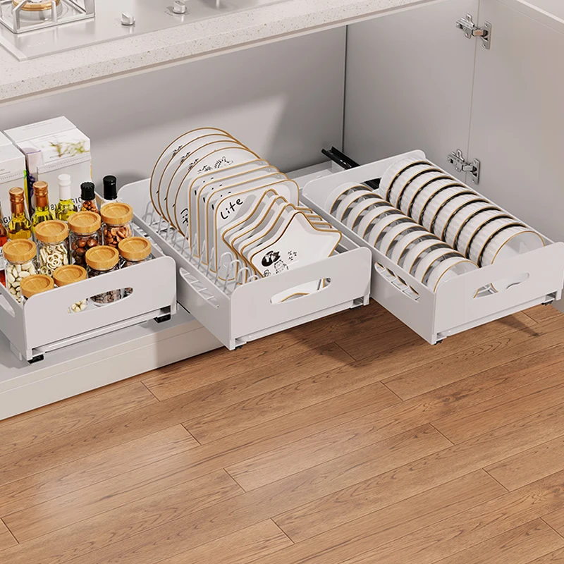 Kitchen dish cabinet drawer organizer rack with built-in pull-out basket bowl and plate draining rack pull-out cup holder rack