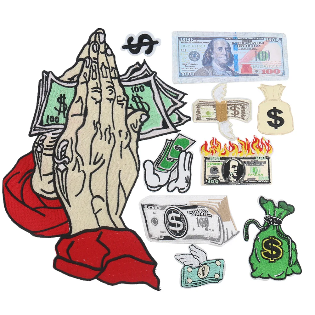 Wholesale Customized Money Printed Sequence Embroidered Patches Iron on