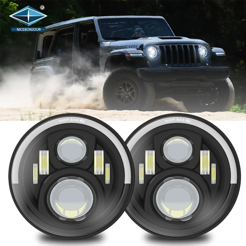 Dot Approved E9 Angel Eyes DRL Turning Light Halo Ring Round Headlight 75W 7 inch Led Headlight For Motorcycle For Jeep JK