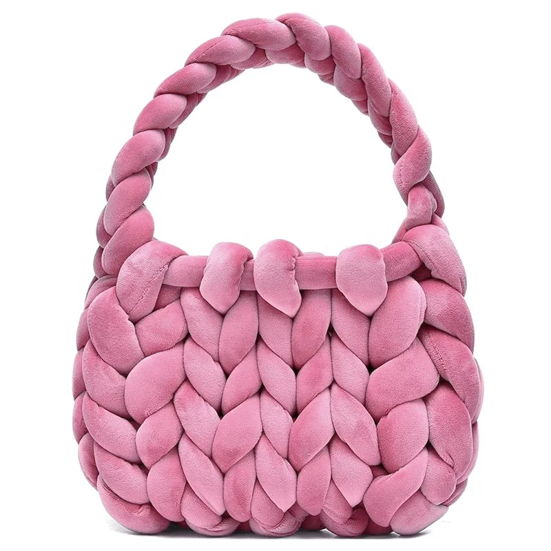 trendy woman ladies hand woven velvet tote bag handbags with different colors clutch