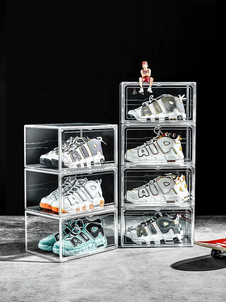 Wholesale Magnetic Transparent Plastic Stackable Organizer Sneaker Clear Side Drop Storage Plastic Shoe Box