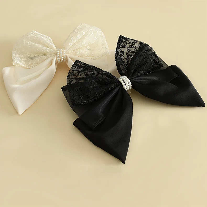 French Elegant Large Organza Lace Bow Pearls Hairpins Clip Women Bowknot Bowtie Barrette Accessories Wholesale