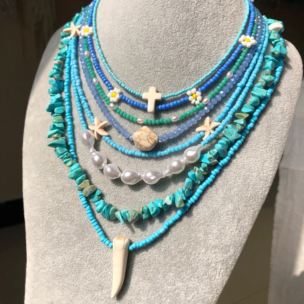2022 Newest Western Cute Bohemian African Triple Lovely Multi Layer Turquoise Beads Necklace