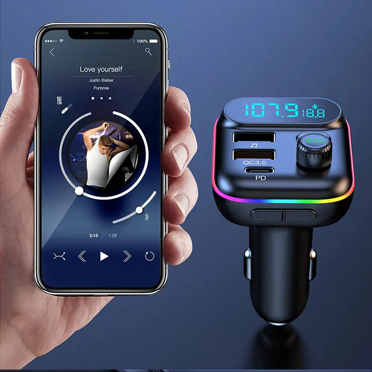 Car BT MP3 player FM transmitter PD 20W QC3.0 fast charging charger colorful light