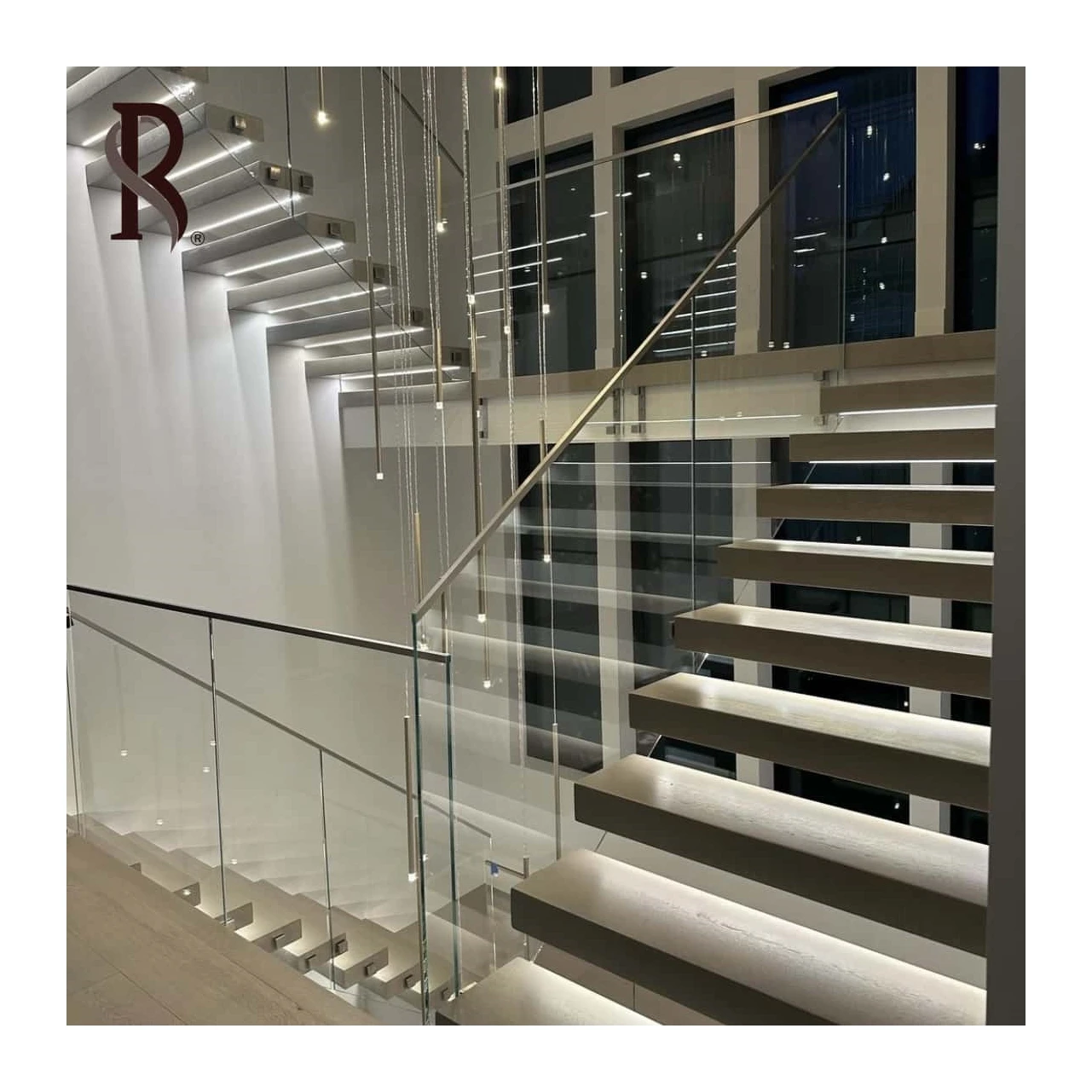 Rising American Manufacturer Modern Interior House Floating Stairs Solid Wood Treads Glass Railing Staircase Design for Villas