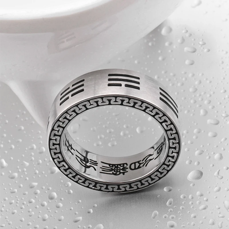 Chinese Style Tai Chi Rings  Women Men Vintage Silver Color Taoist Mantra Round Rings Trendy Jewelry Gift