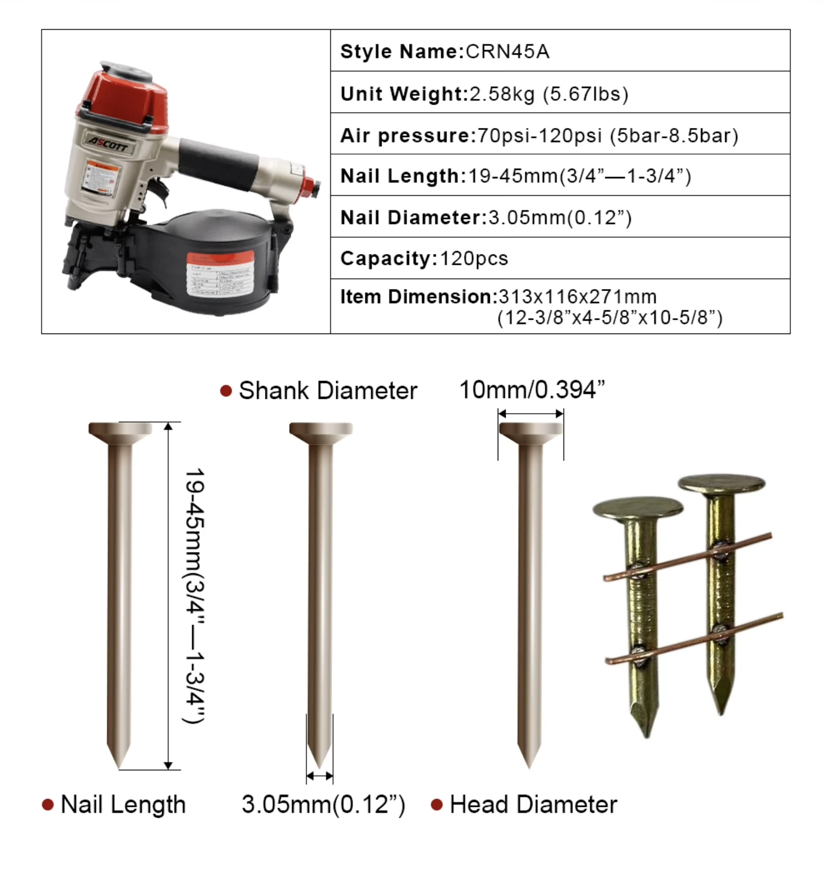 CRN45A Industrial Grade Pneumatic Coil Nail Gun 15 GA Steel Wire Roofing Welded Asphalt Fiberglass Shingles Wood