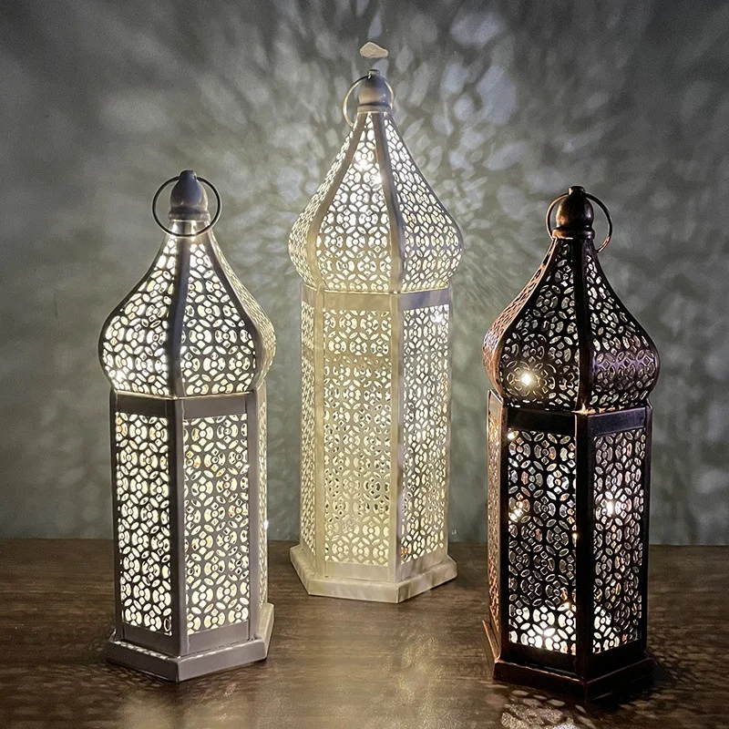 Wholesale Moroccan Style Hollow Out Battery Powered Metal Led Lanterns For Decorative Eid Ramadan Ornaments