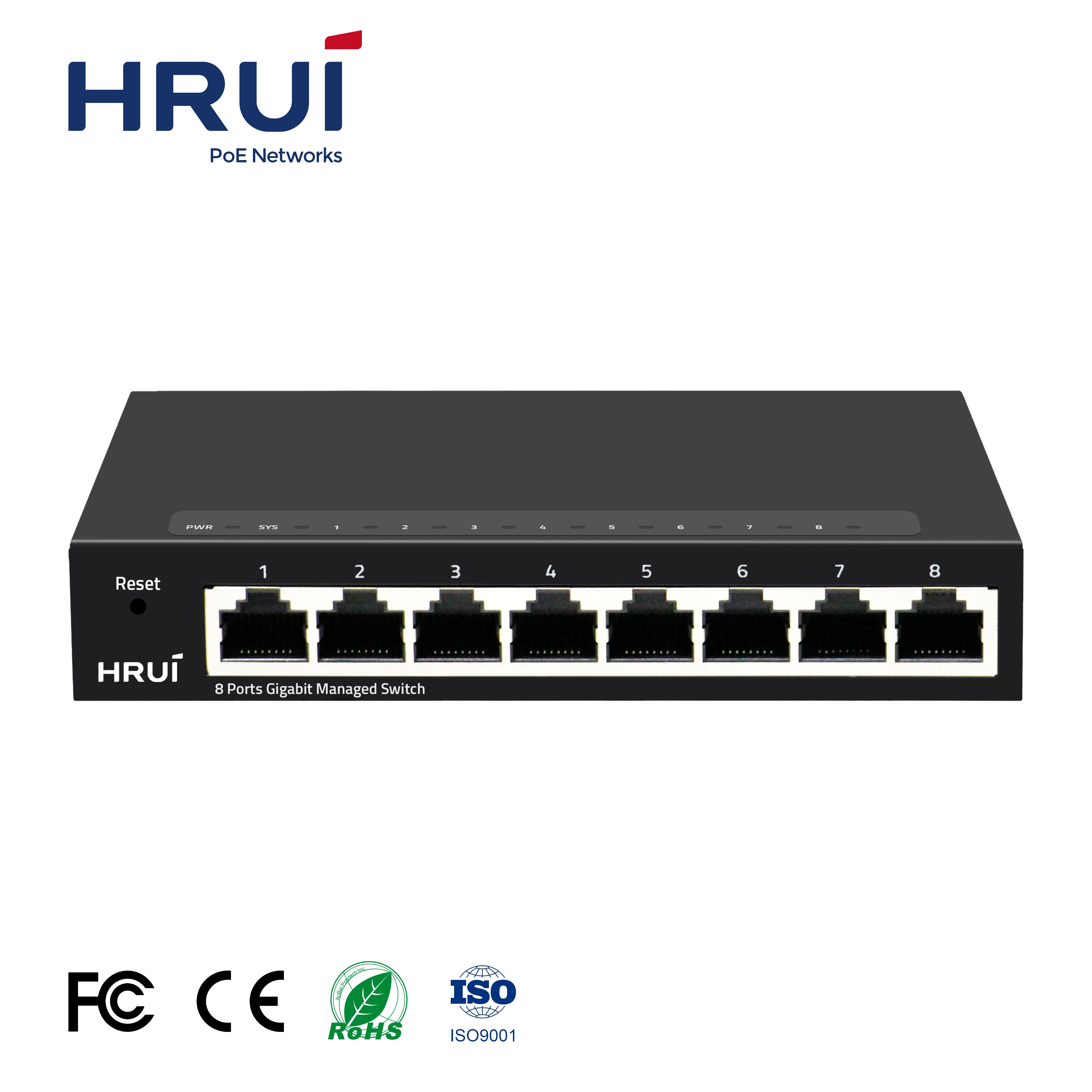 HRUI New Product 8 Ports Full Gigabit Smart Managed Ethernet Switch with VLAN QoS Web Management