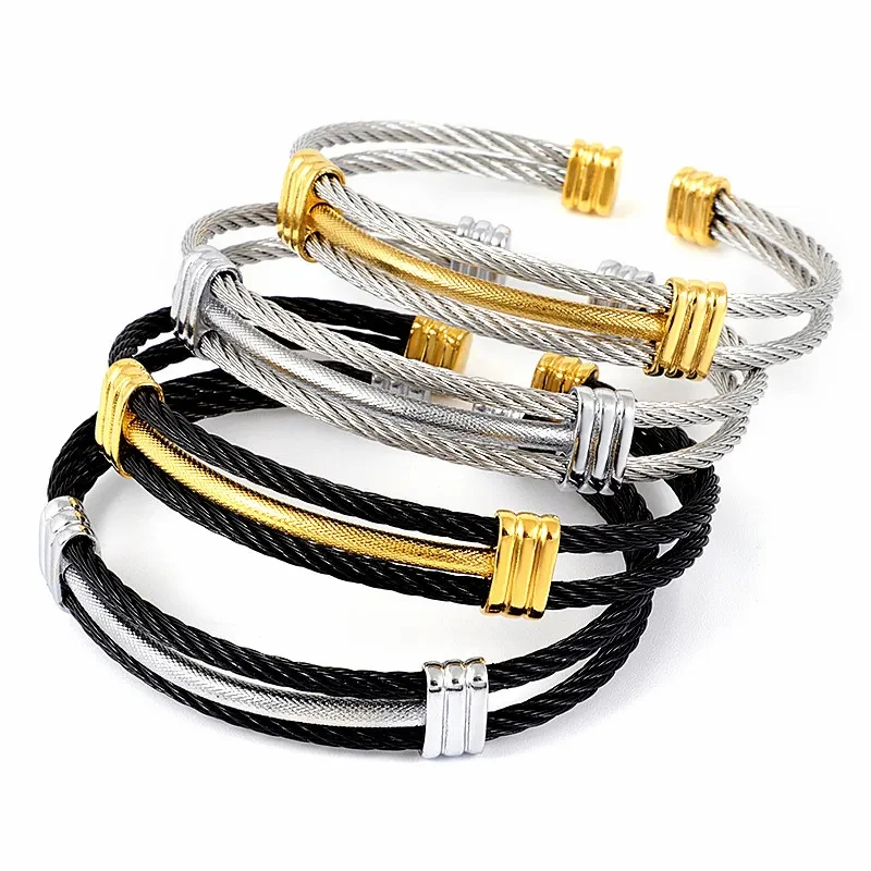 Fashion Stainless Steel Chunky Two Tone Twisted Wire Cuff Bracelet Jewelry Men Non Tarnish Waterproof Cable Cuff Bangle Bracelet