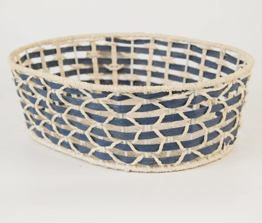 Customized Cream-colored Blue Paper Rope Iron Frame Oblong Storage Basket for Office