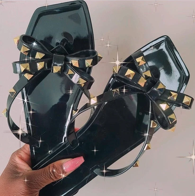 Water-proof Summer Flip Flip Jelly Shoes with Rivets Candy Colors Ladies Sandals with Rosette Bow