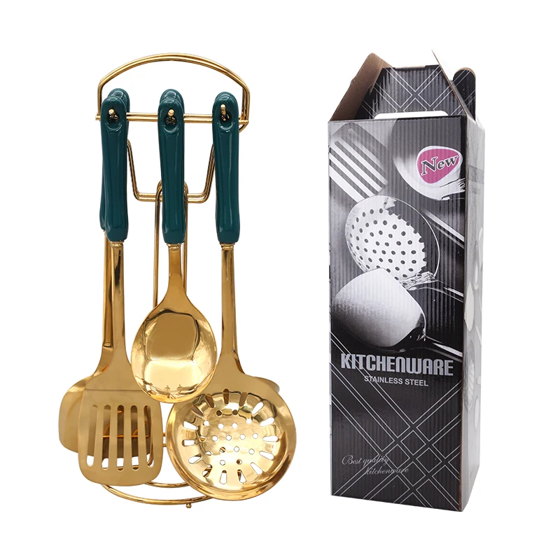Роскошный темно-зеленый золотистый набор кухонных принадлежностей из нержавеющей стали с керамической ручкой набор кухонной утвари