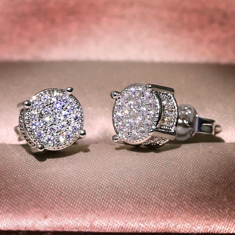 New Bling S925 Gold Silver Zircon Stone Round Stud Earrings Hip Hops Cz Crystal Earring For Women