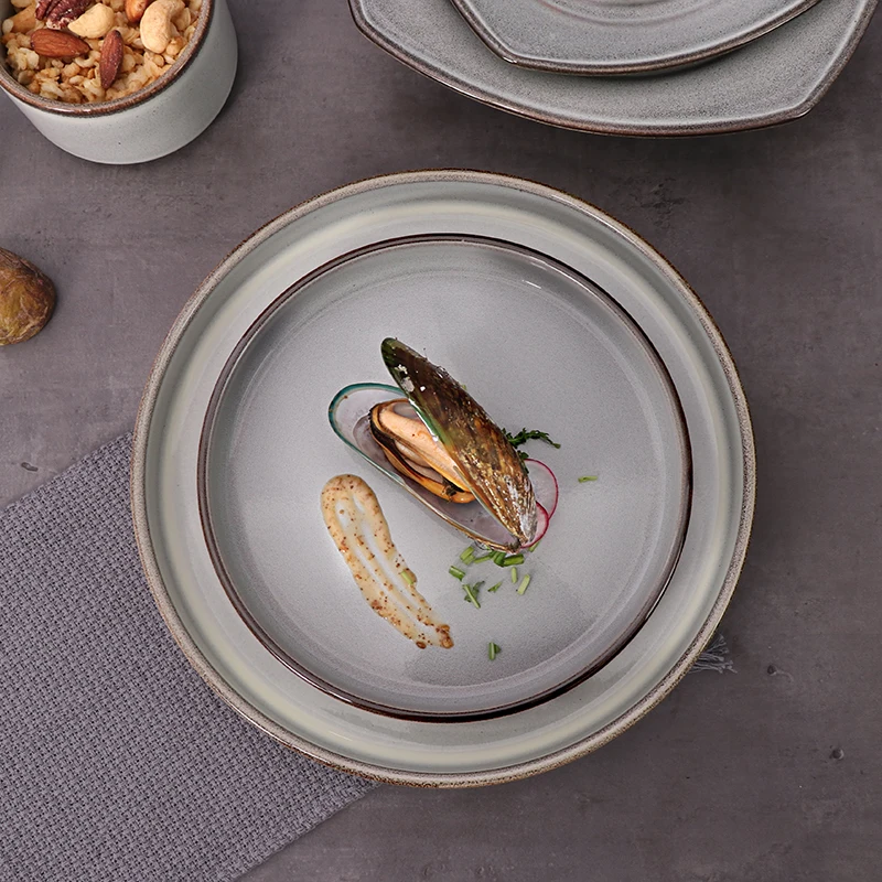 Grey Colored Tape Dinnerware Under Glazed Dinner Plate 10.5 Inch Chaozhou Ceramic Plate Restaurant Dishes Tableware