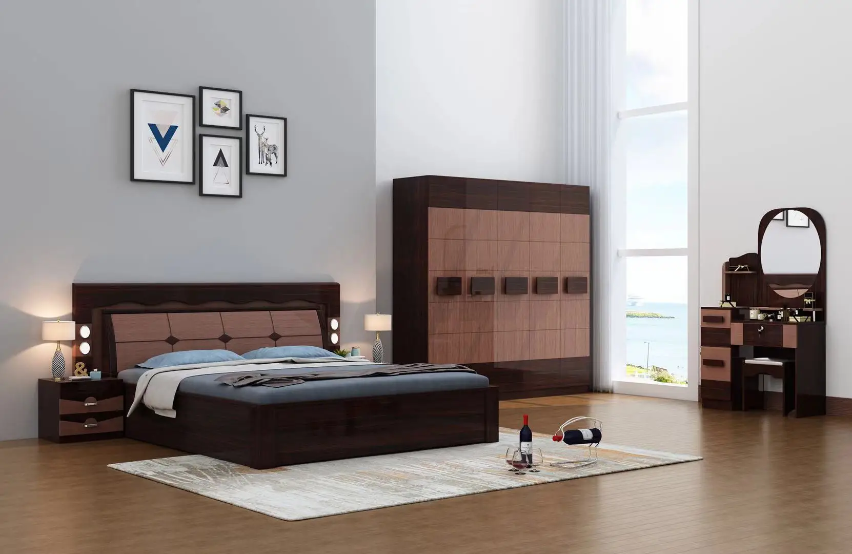 high glossy painting bedroom furniture set king size led  light and storage box bedroom sets 1.8m melamine bedroom furniture