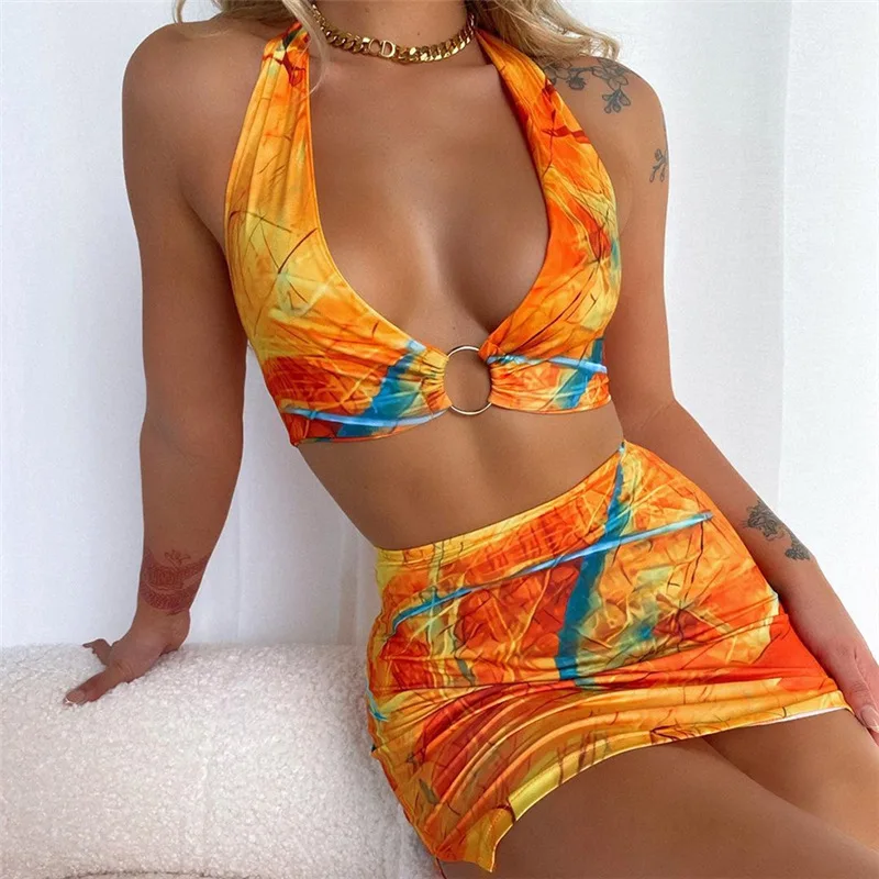 Summer 2022 Women Crop Top Sleeveless Floral Pattern Xs Women Clothing Sets Halter Printing Skirt And Top Set 2 Piece Skirt Set