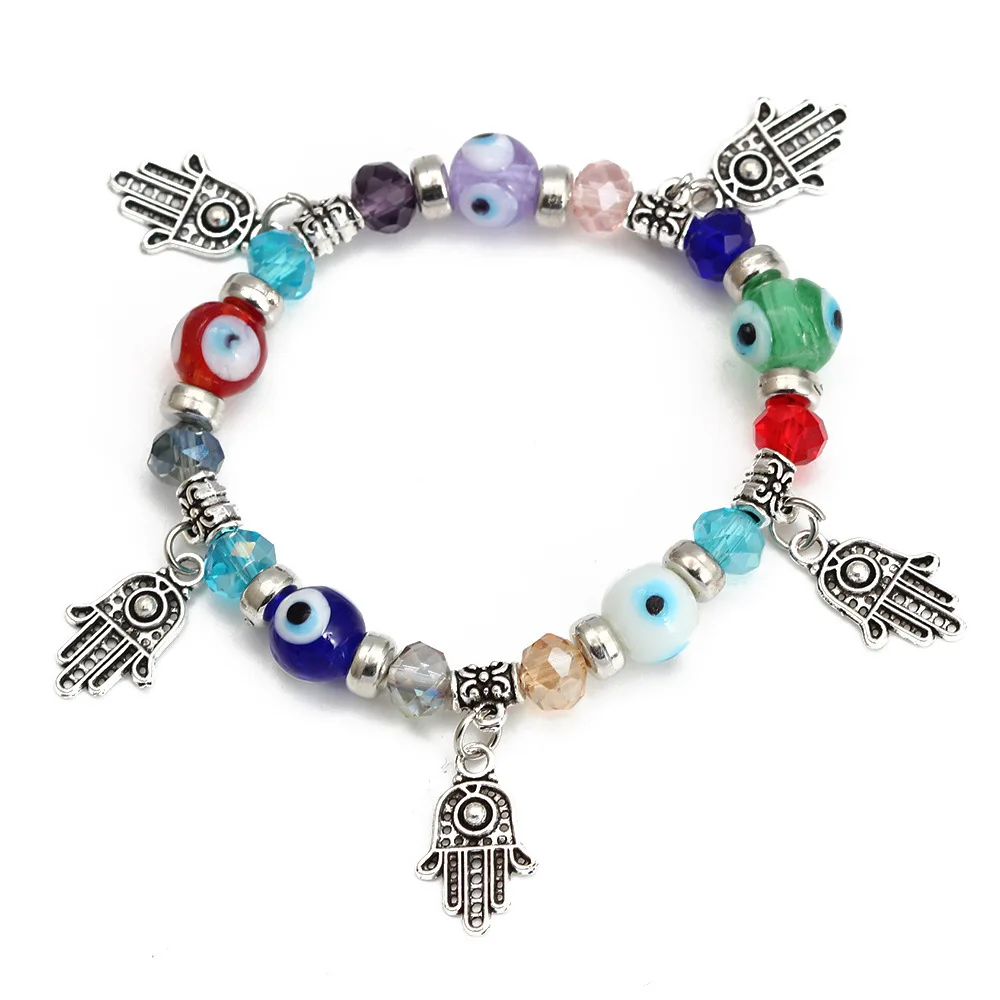 Fashion Protection Amulet Fatima Hamsa Hand Charm Lucky Jewelry For Women Men Glass Bead Stretch Turkish Evil Eyes Bracelet