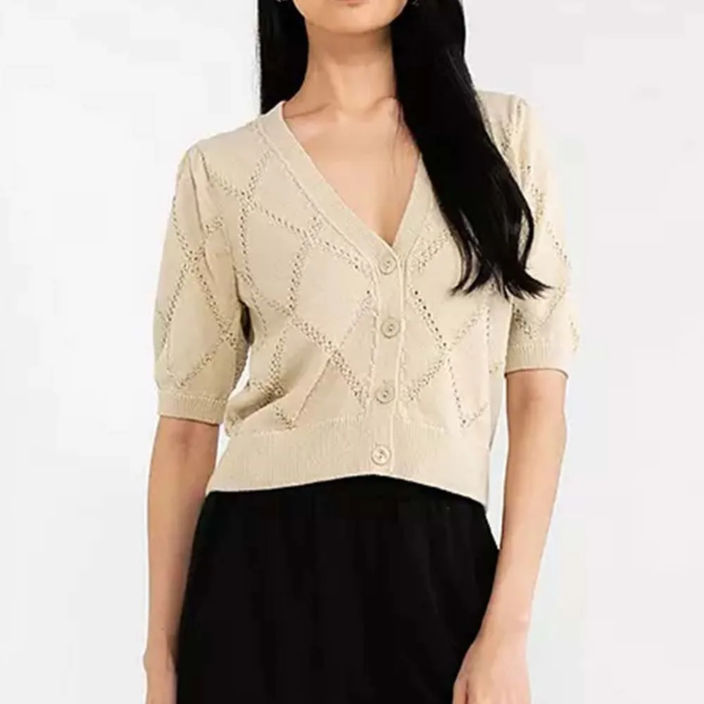 Knitwear Manufacturer Custom Spring Summer Autumn Winter Casual daily diamond pattern knitted short sleeve cardigan