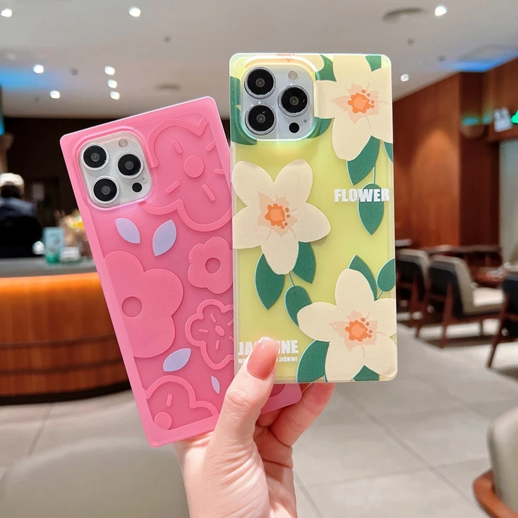 Fashion Square Flower Soft Jelly TPU Case For Iphone 13 Pro Max 12 Pro 11 Girls Phone Skin Cover