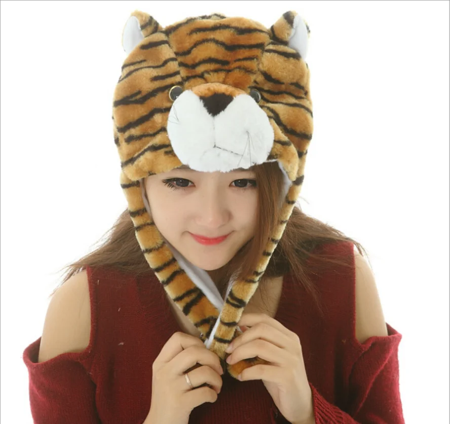 Custom Logo Plush Warm Winter Beanie Cap Kids Adult Cute Fun Animal Tiger Hat White