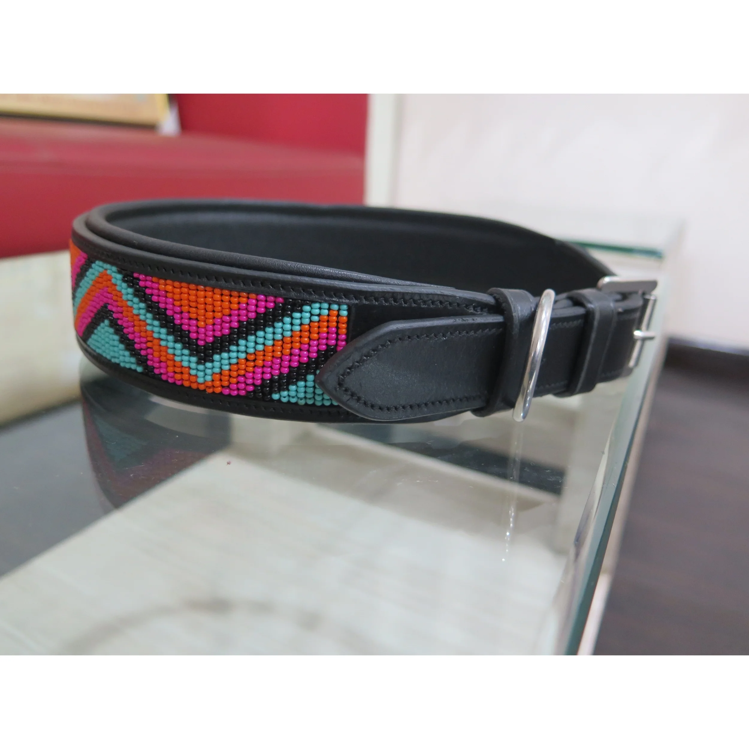 Top Quality Indian DD Leather Wide Beaded Dog Collar