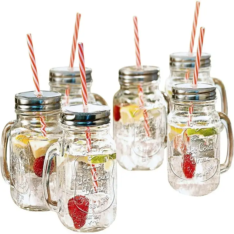 Custom Logo 16 Oz Glass Mason Jars With Lids And Straws Mason Jars Mug With Handles And Metal Lids
