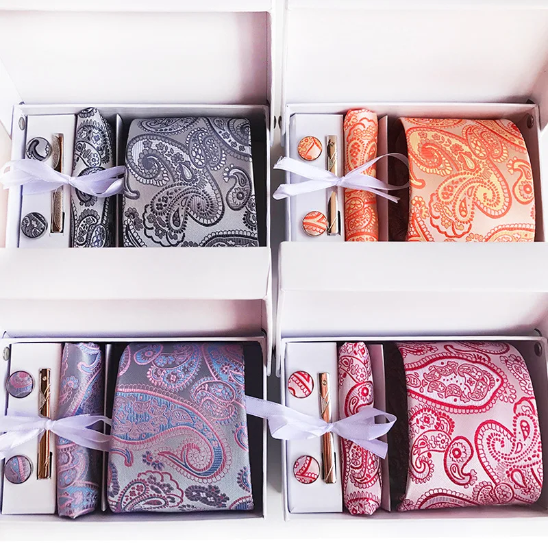 Man Tie In Gift Box Handkerchief Cufflinks Set Paisley Neck Ties For Men Gifts Party Wedding Necktie Gravata Pocket Square Suits