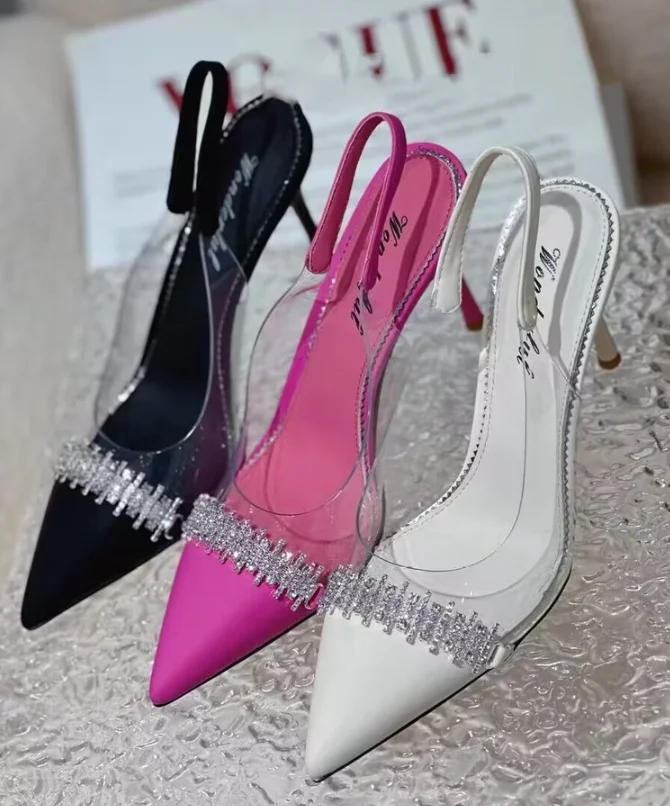 China wholesale heeled shoes transparent upper with rhinestone high heels sandals for women and ladies