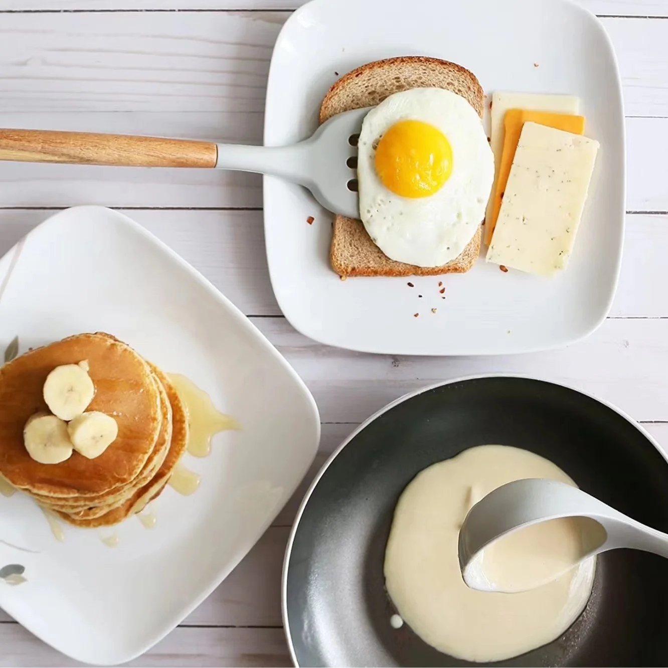 Heat Resistant Silicone Kitchen Tools Wooden Handle Mixing Cookware Kitchen Utensil Spatula Slotted Solid Spoon