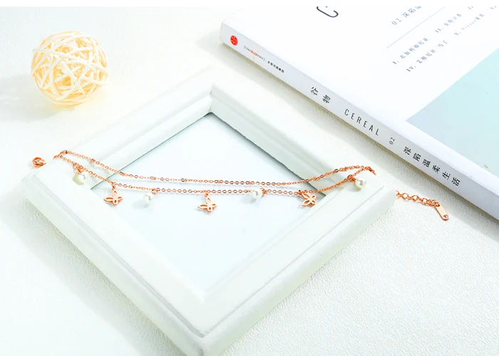 Stainless Steel Rose Gold Plated Charm Pearl And Butterfly Anklet for Women