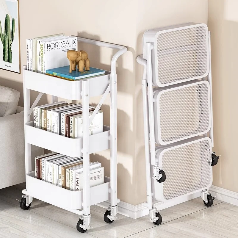 3 Tier Rolling Utility Kitchen Portable Folding Cart Shelves Multifunction Tool Trolley Service Cart With Mesh Basket Handles