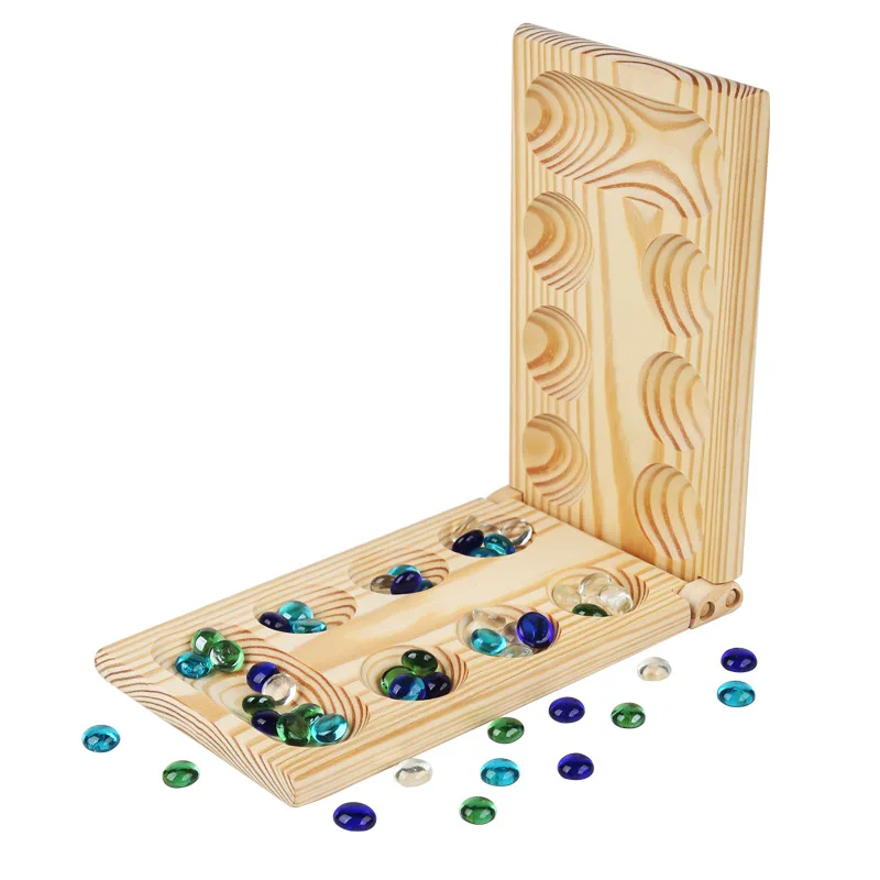 Creative Children Wooden Foldable Mancala Board Game Mystic Funny Checkers Travel Adults Kids Glass Stones Interactive Toy