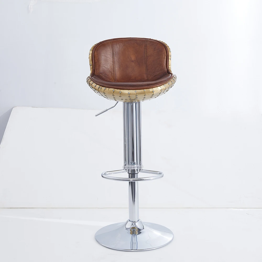 Vintage Aluminium Cover Aviator Bar Stool Industrial Adjustable Swivel Counter Height Bar Chair for Kitchen Island Bar