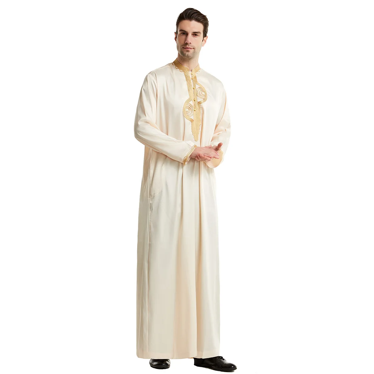 
Tunic Dress Robe Full Length Middle East Mens Embroidery Imitated Silk Robe Long Sleeve Arab Thobe 