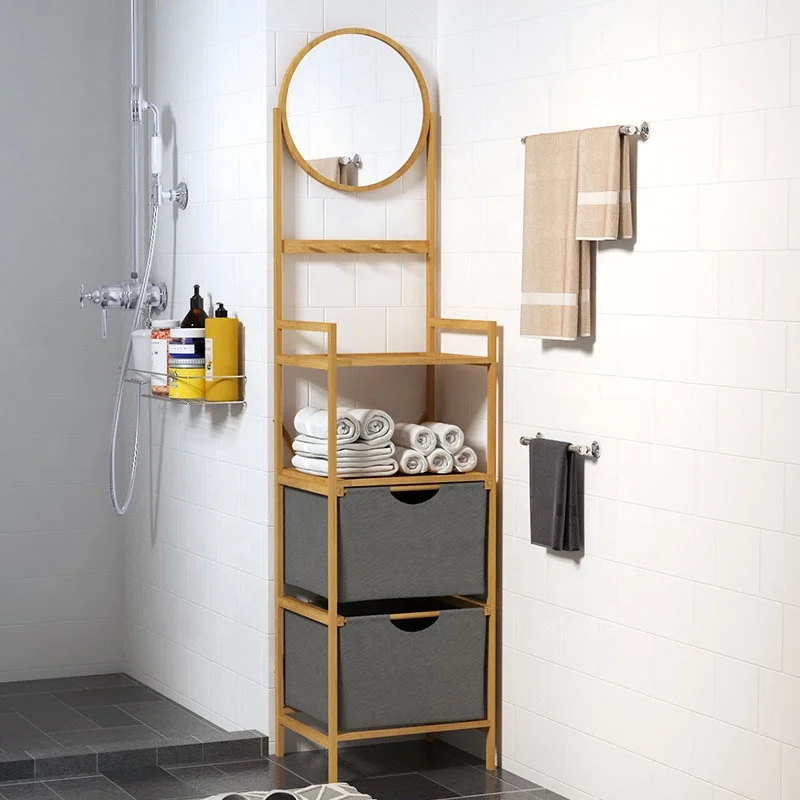 Home Corner Multi purpose  4 Tier Bamboo Shelf Stand with Mirror and 2 Drawers (1600072916965)