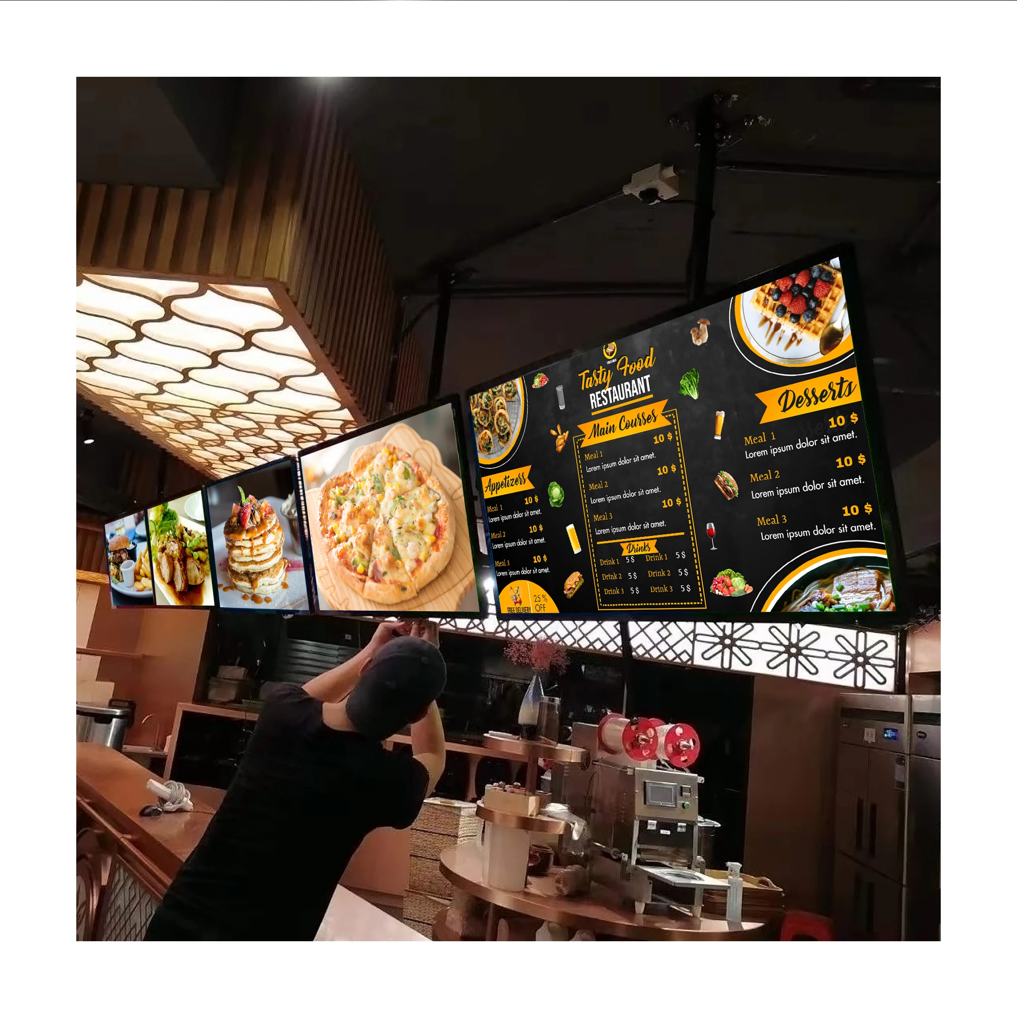 Full HD 32 43 55 Hanging Mounted Restaurant Menu Board UHD 2K 4K LCD Advertising Screen 800nits Indoor Fast Food Kiosk Display