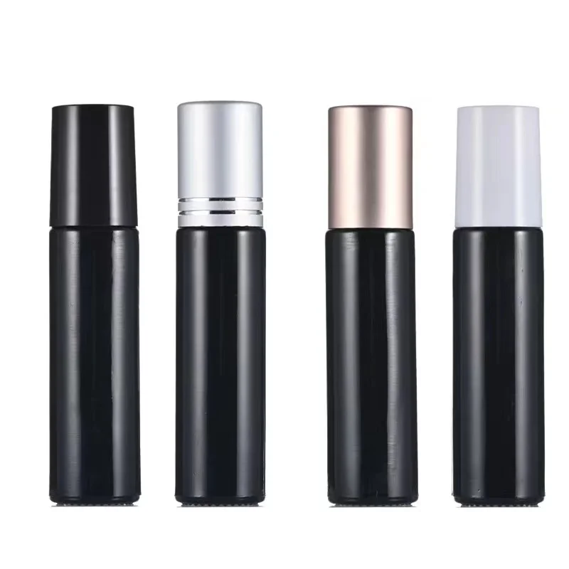 Cosmetic Packaging 10ml Black Porcelain Rose Gold Cover Black Ceramic Roller Bottles For Essential Oils