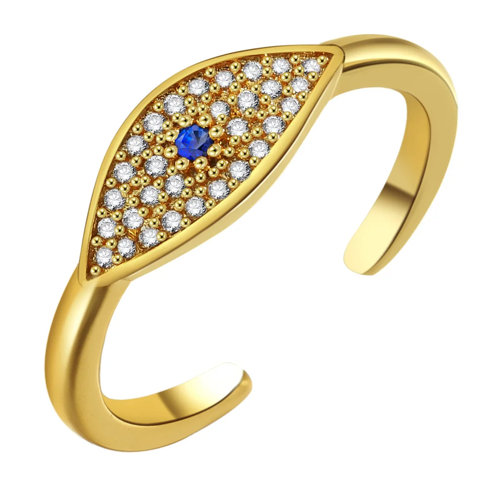 SC New Design 18k Gold Plated Rings Opening Adjustable Brass Micro Zircon Rings Turkey Evil Blue Eye Rings For Women