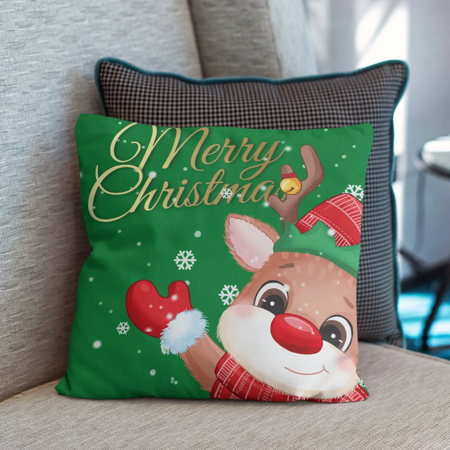 Christmas green snowman elk print pillow, living room sofa soft waterproof pillowcase,sublimated blank silk letter cushion cover