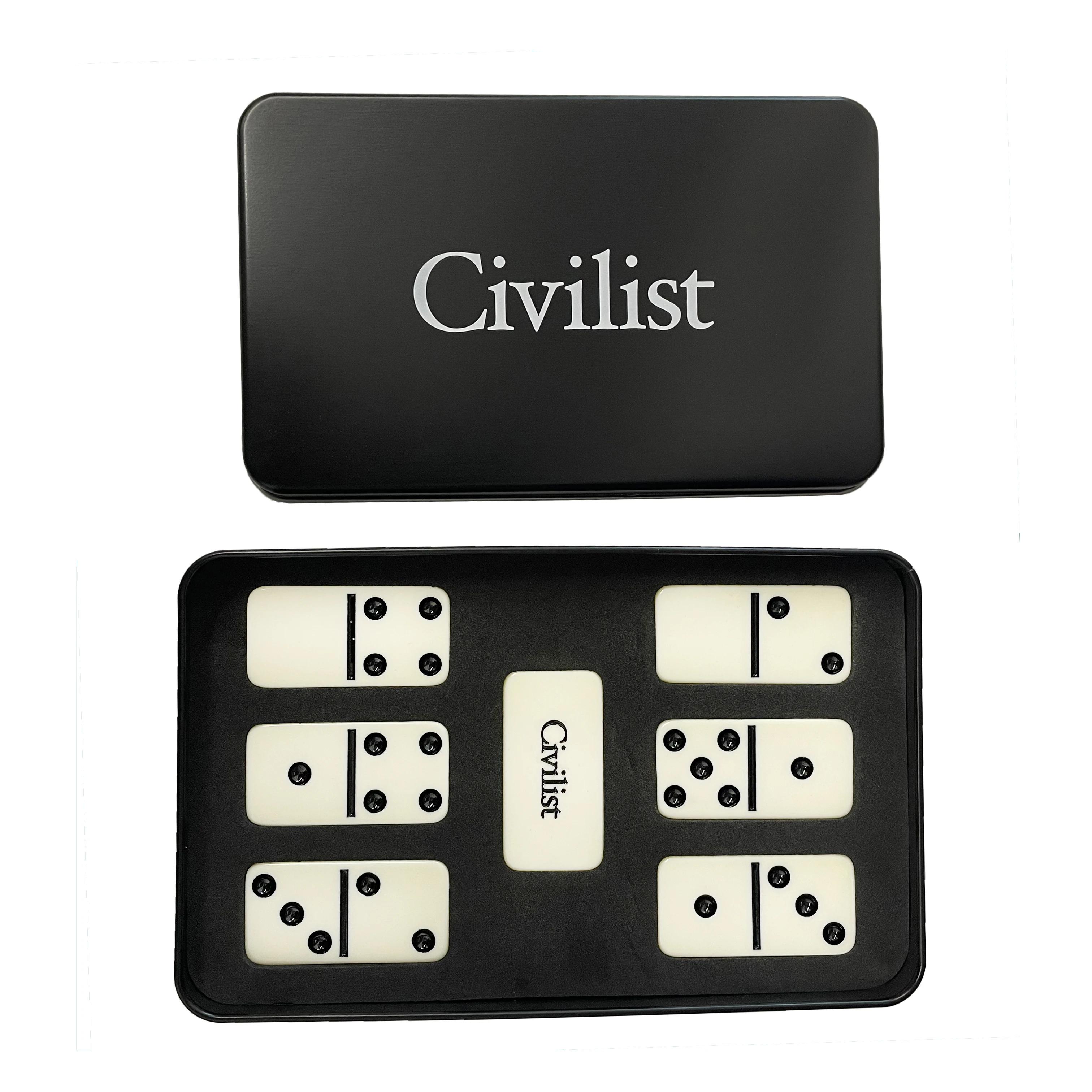 Wholesale Tin Box Custom Logo Domino Game Domino Set Case Toys White  Plastic Stones Metal Box Package Dominoes Set