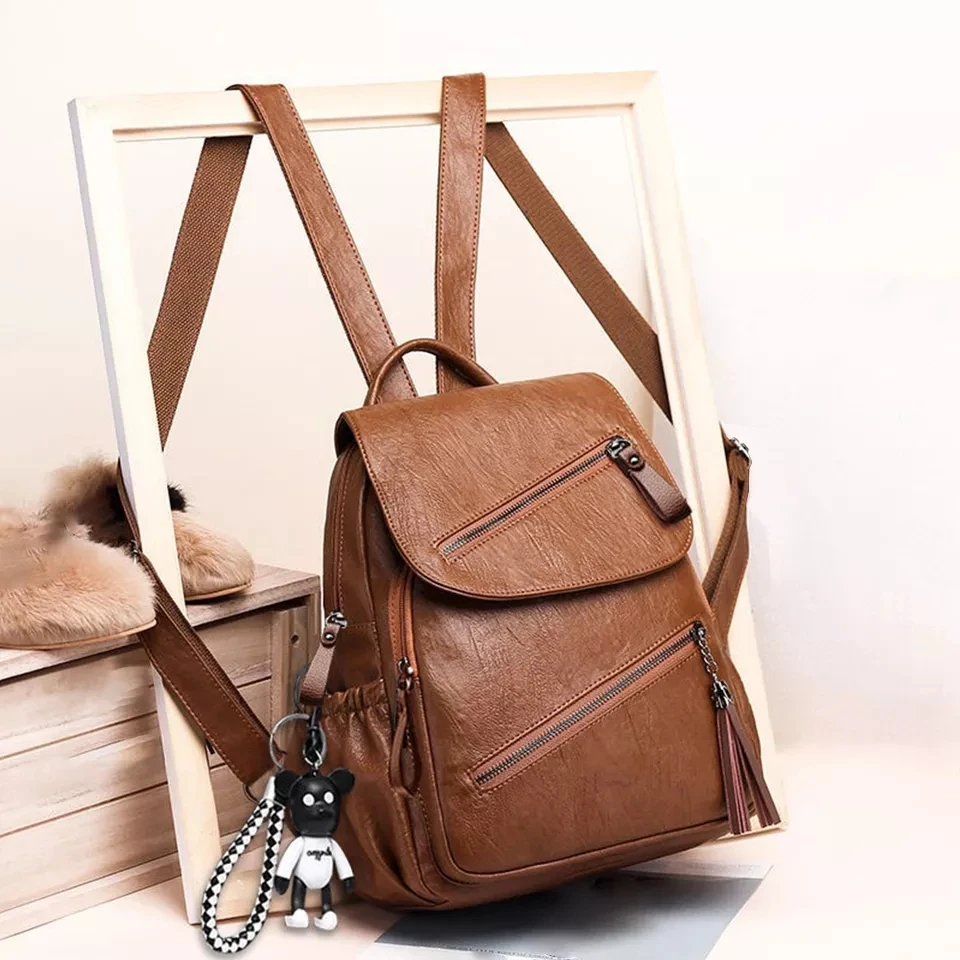 RU Tassel Pu Leather Multi-zip Clamshell Women Backpacks High Quality Soft School Bags High Capacity Designer Travel Bags