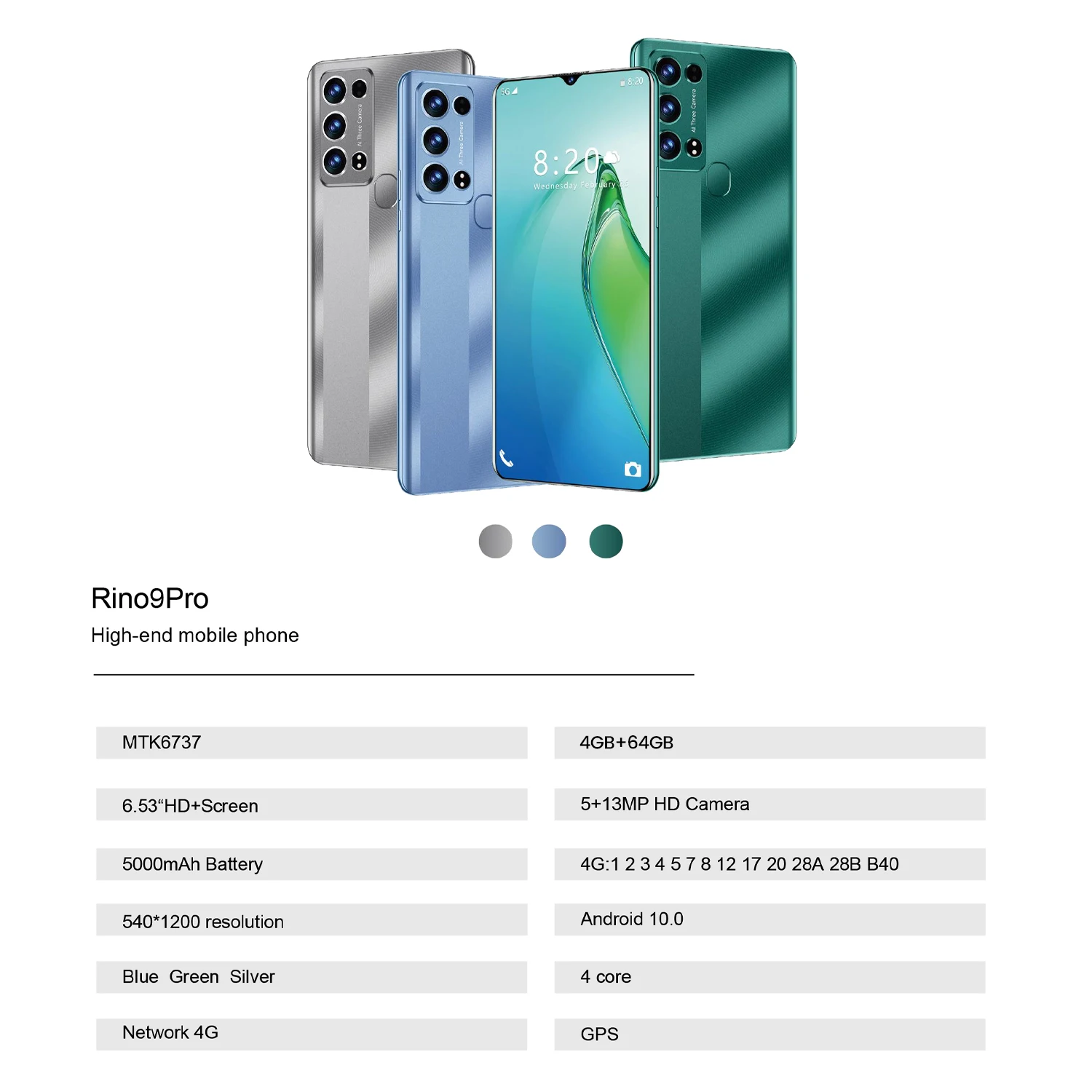 2023 New Phone A73 4GB+64GB Support Customization 6.53 Inch 13MP 5000mAh Facial Unlocking Android 10 Smartphone