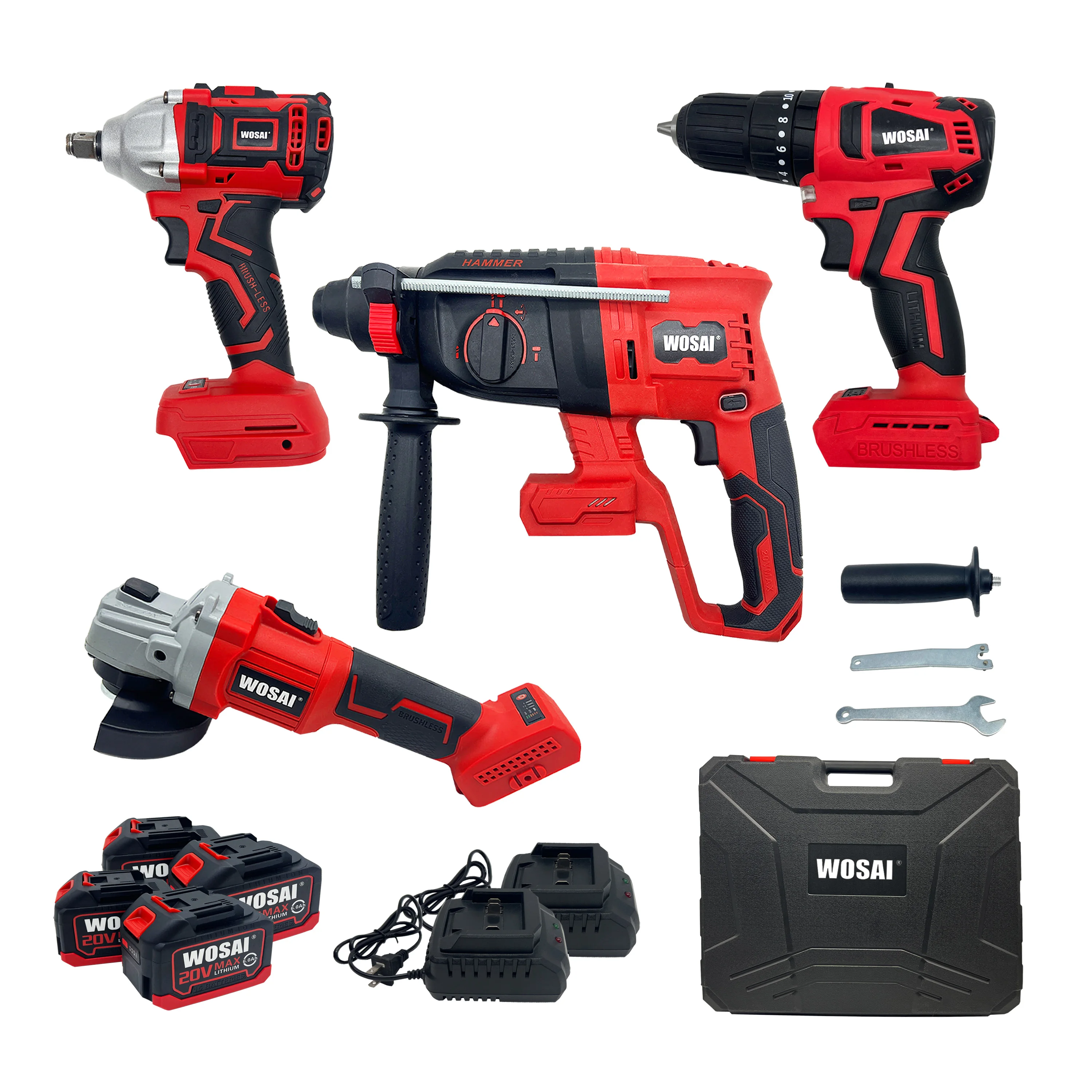 WOSAI Popular Choosing Cordless Tool Combo Set 4pcs in 1 Impact Wrench Angle grinder Hammer Drill Power Tool Set Combo Kit