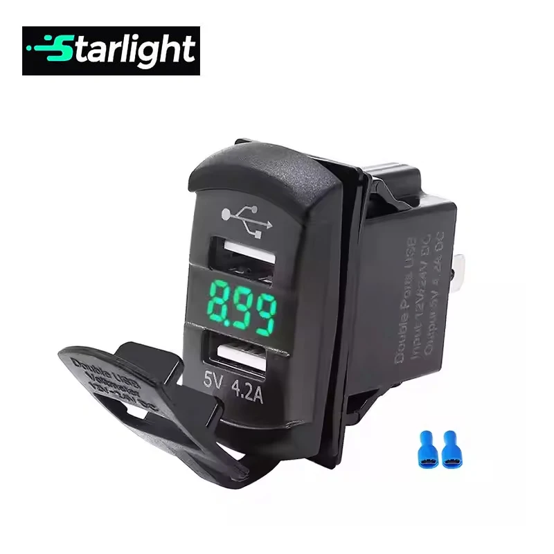 12V Double USB Charger Socket LED Voltage Voltmeter Rocker Switch Panel 4.2A Outlet for Car Boat