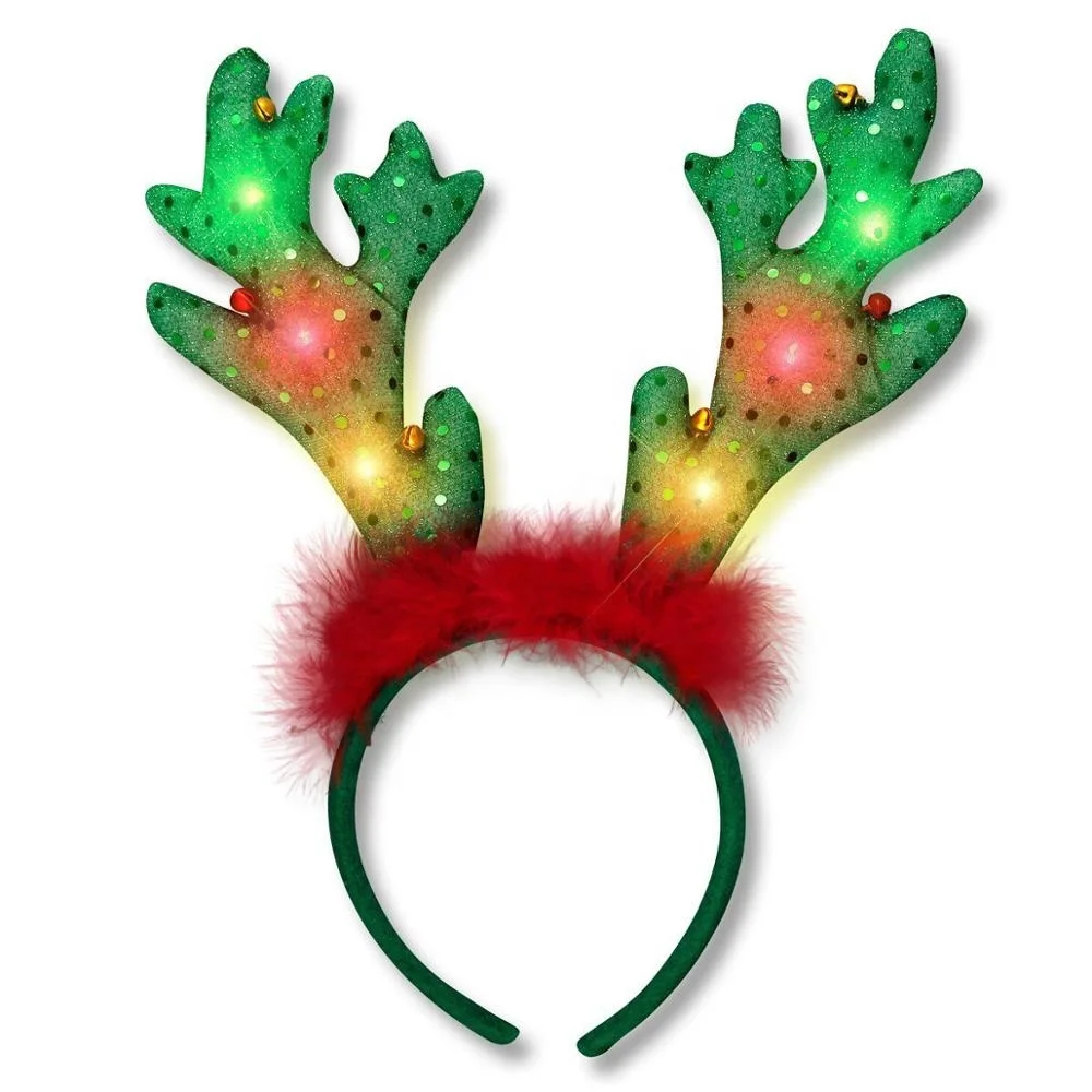 BSCI SJ0469 Latest colorful led long deer horn hairbands green sequin fabric lighting Christmas headbands