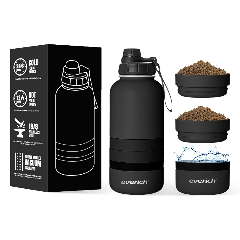304 stainless steel dog water bottle 4 in1 32oz single wall Pet Water Bottle with food water container Portable Outdoor