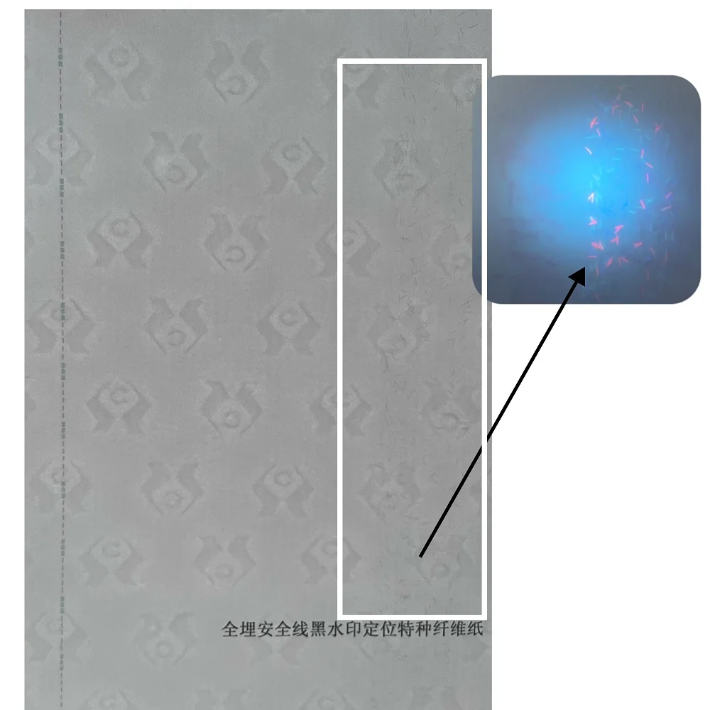 Бумага для защиты от подделок на заказ с полностью заглубленным проводом безопасности водяной знак фиксированным местоположением Невидимые ультрафиолетовые волокна